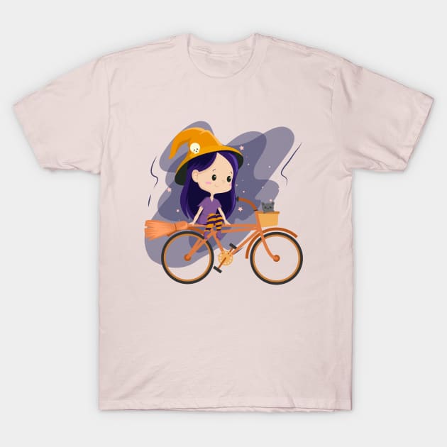 Cute Cartoon Witch Riding a Bicycle T-Shirt by BicycleStuff